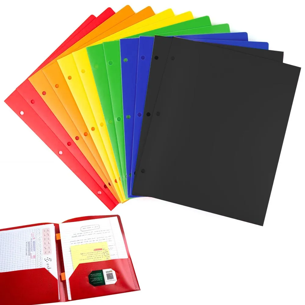 12 Poly Portfolio Two Pocket Folders 3 Hole Punch Prong Fasteners Letter Paper