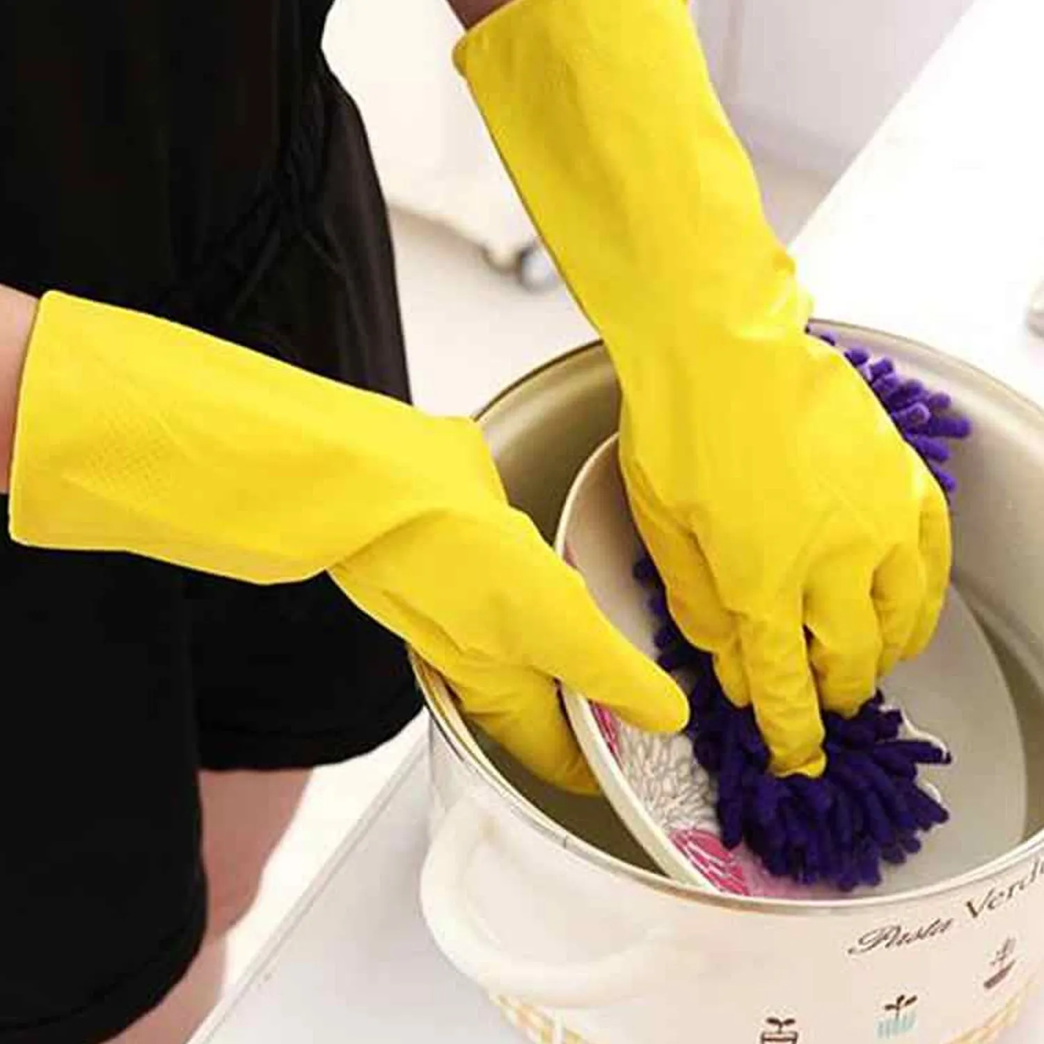 Pair Of 2 Large Yellow Gloves For Types Of Purposes Like Washing Utensils, Gardening And Cleaning Toilet Etc.