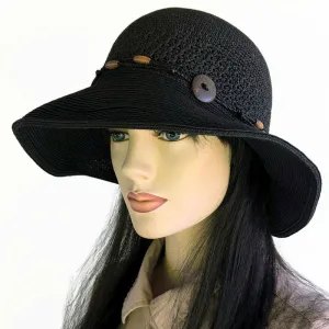Sun Hat, Straw Packable black straw hat with button trim and lovely crochet textures, wired brim edge, adjustable fit