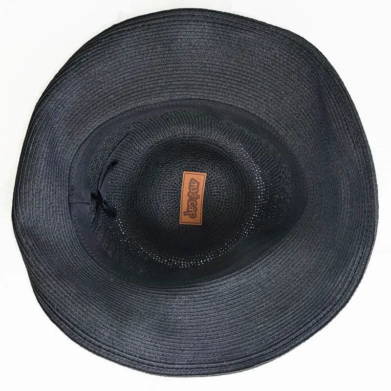 Sun Hat, Straw Packable black straw hat with button trim and lovely crochet textures, wired brim edge, adjustable fit