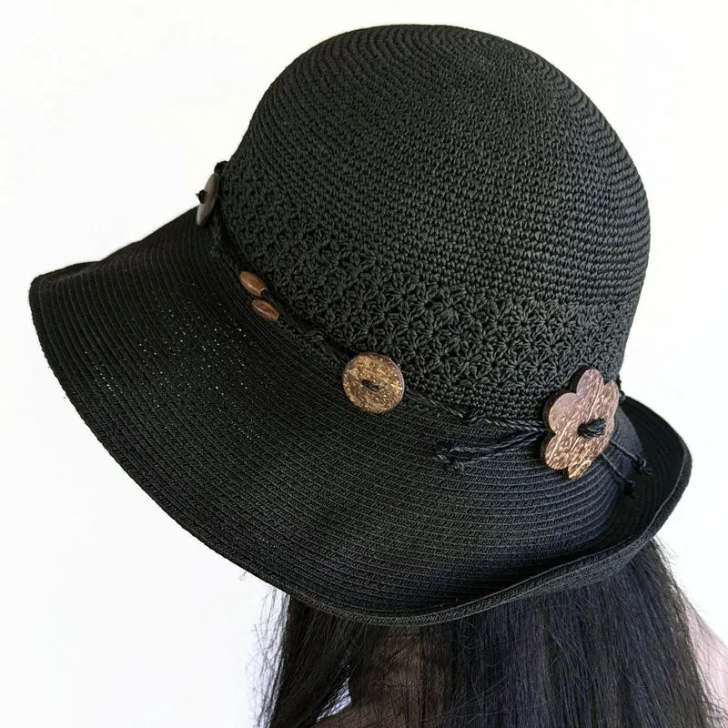 Sun Hat, Straw Packable black straw hat with button trim and lovely crochet textures, wired brim edge, adjustable fit