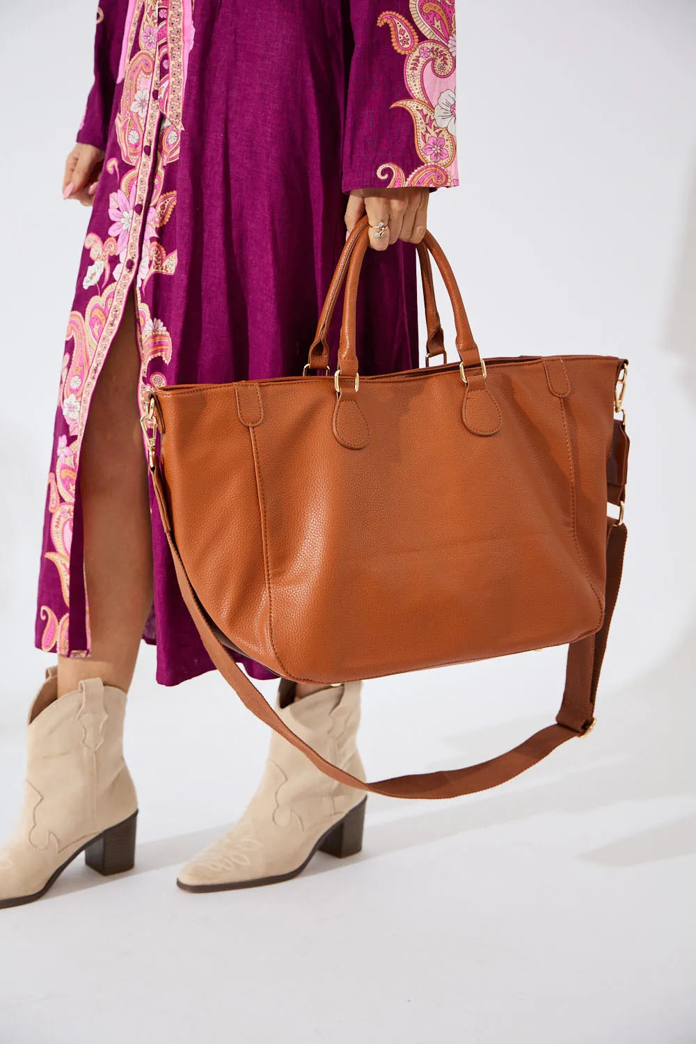 Vegan PU Leather Los Angeles Oversized Tote Bag - Tan