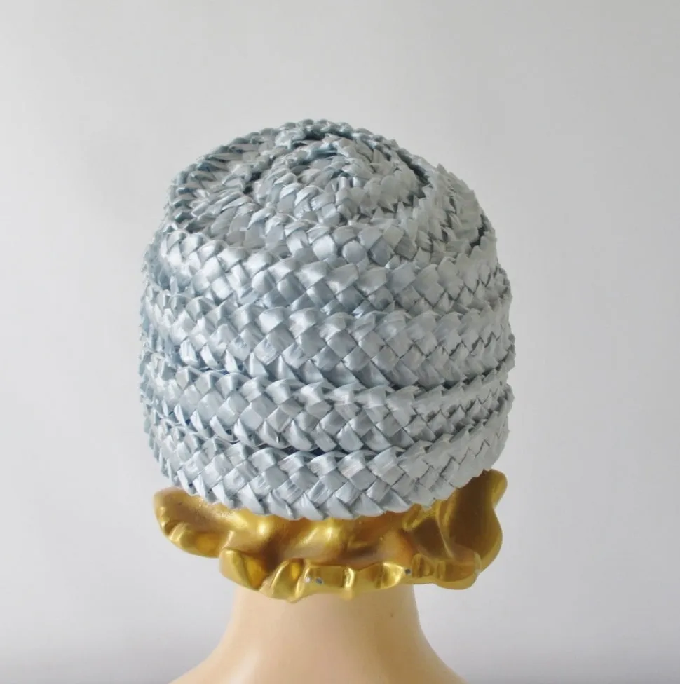 Vintage 60s Light Blue Rose Straw Bucket Hat