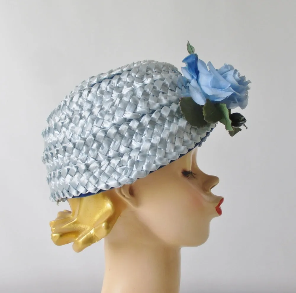Vintage 60s Light Blue Rose Straw Bucket Hat