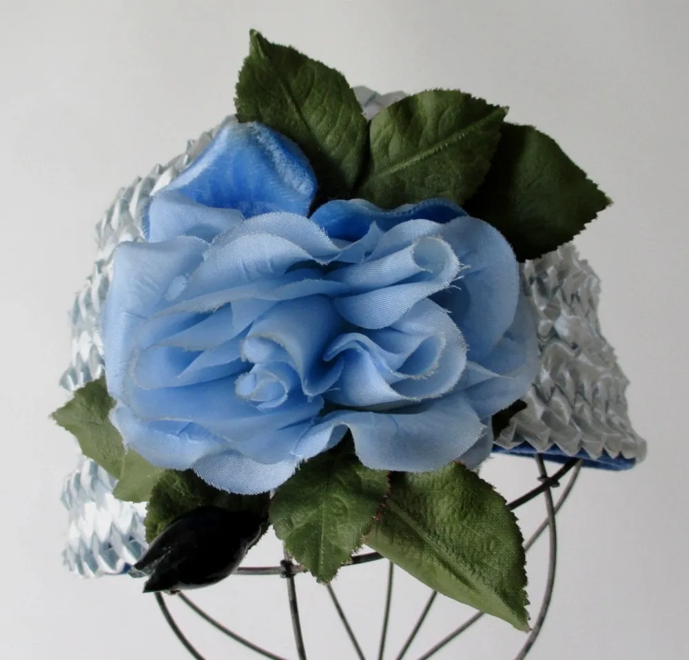 Vintage 60s Light Blue Rose Straw Bucket Hat
