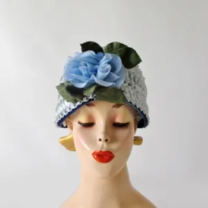 Vintage 60s Light Blue Rose Straw Bucket Hat