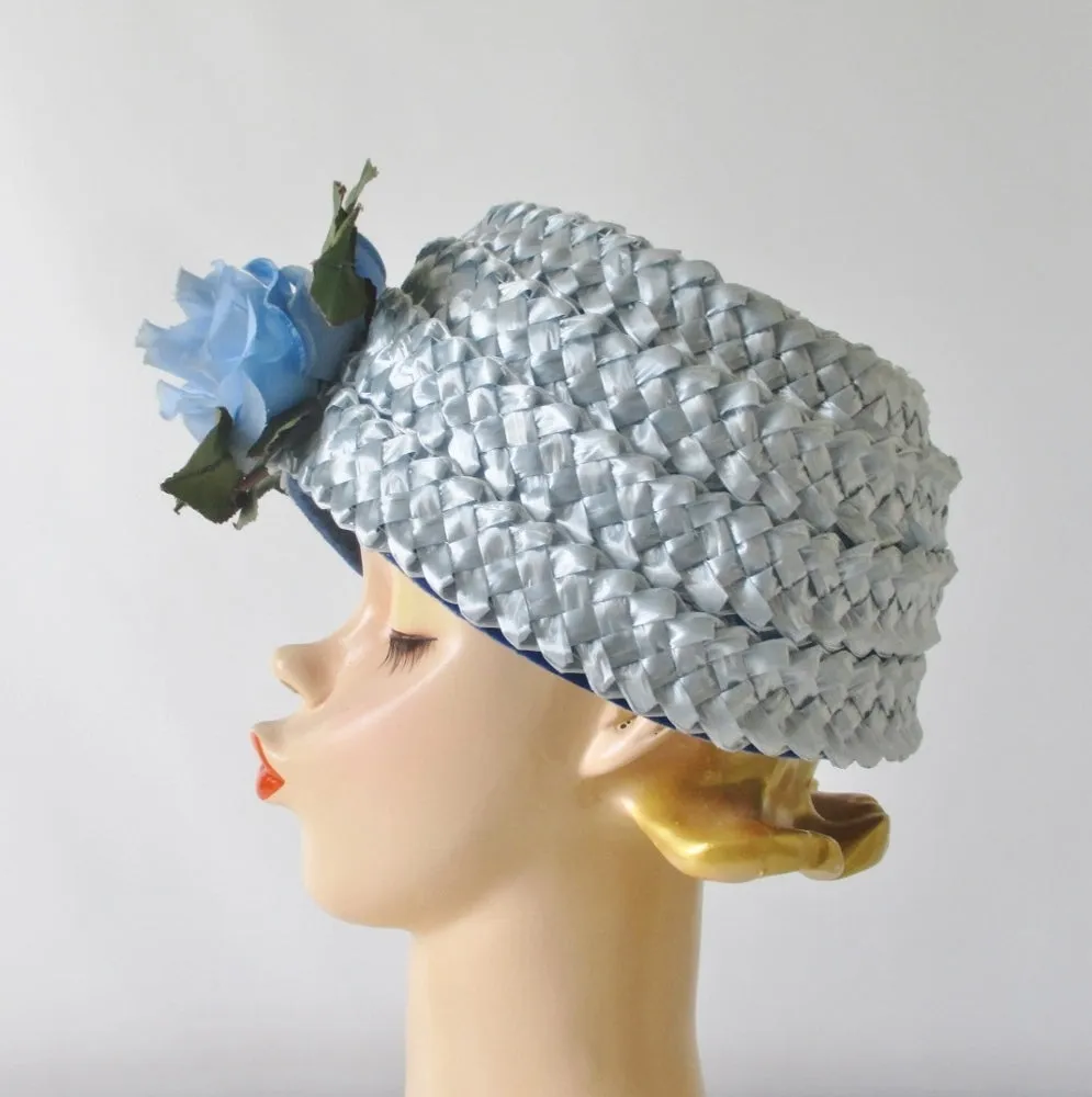 Vintage 60s Light Blue Rose Straw Bucket Hat
