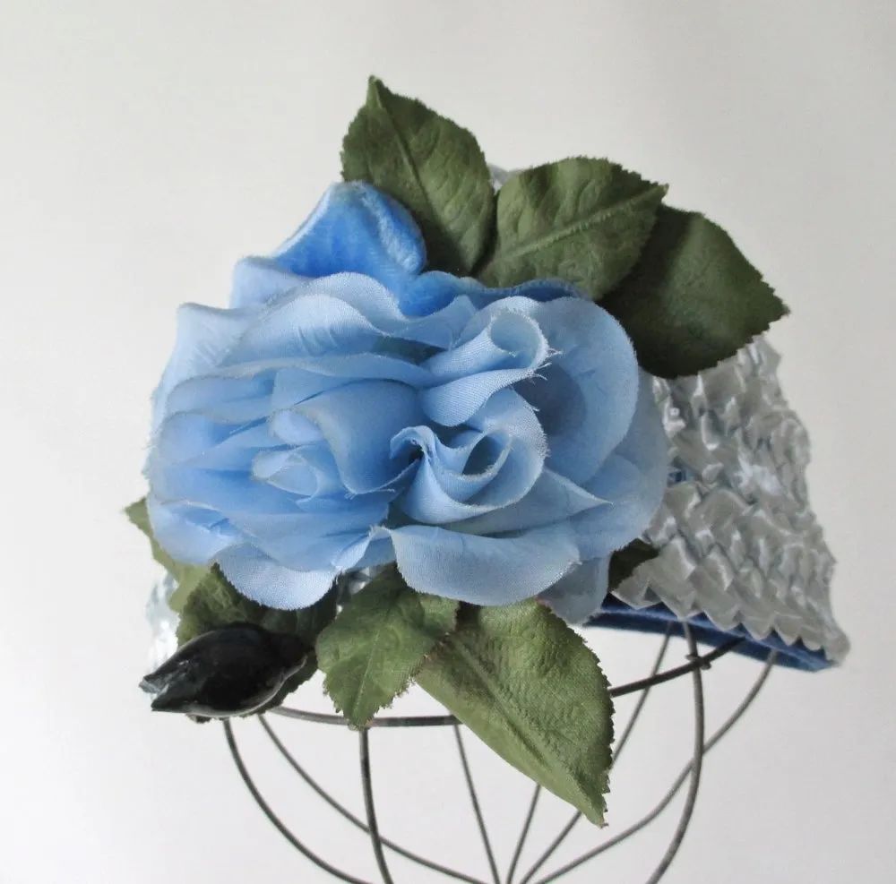 Vintage 60s Light Blue Rose Straw Bucket Hat
